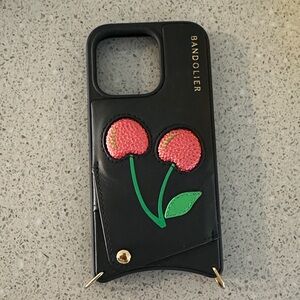 Bandolier Black Leather Wallet Case with Cherry Design - iPhone 14pro